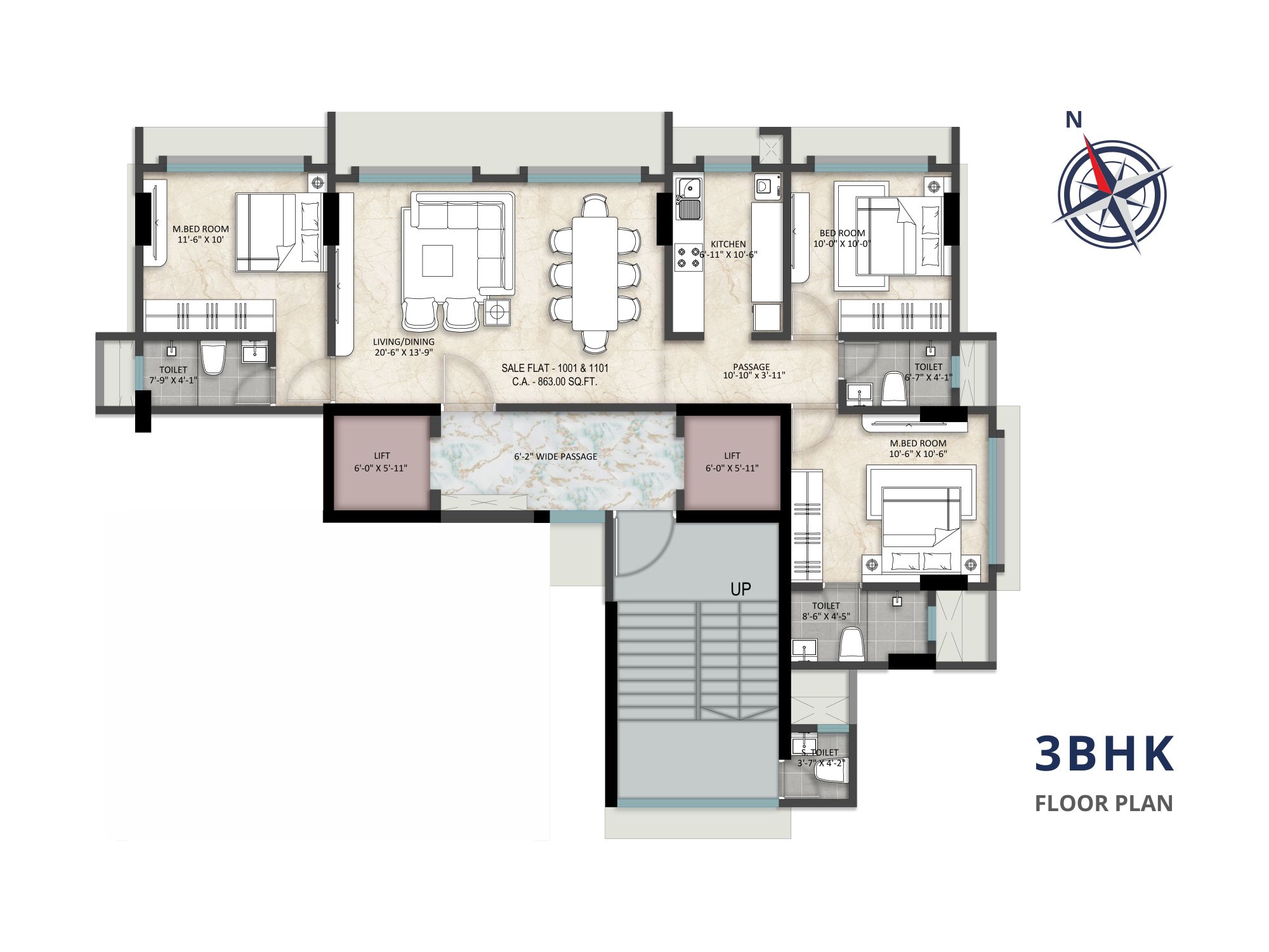 Spacious 3 BHK at Sakura by Buildarch